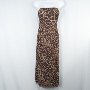 Shein Strapless Leopard‎ Print Midi Dress Small Brown Side Slit Bodycon Mesh